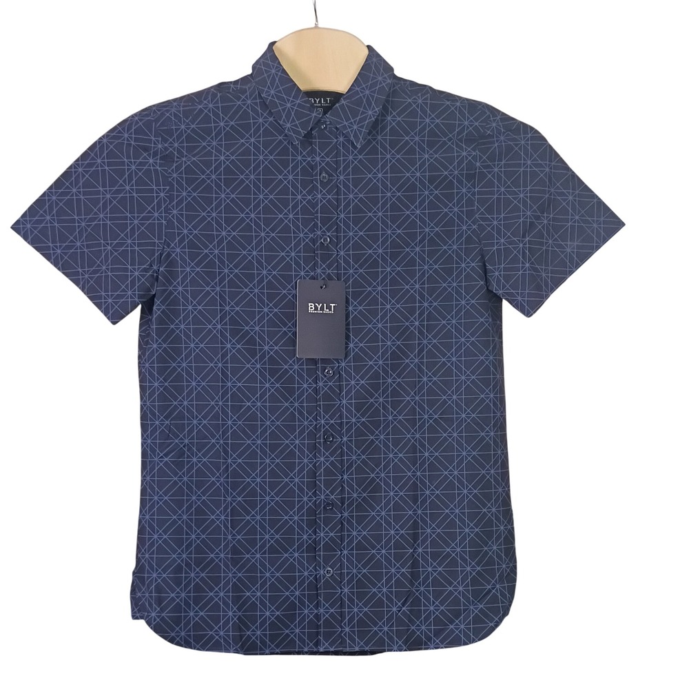 BYLT Riviera Short Sleeve Button Down Grid Navy Blue Mens Medium Stretch Casual - Picture 2 of 14